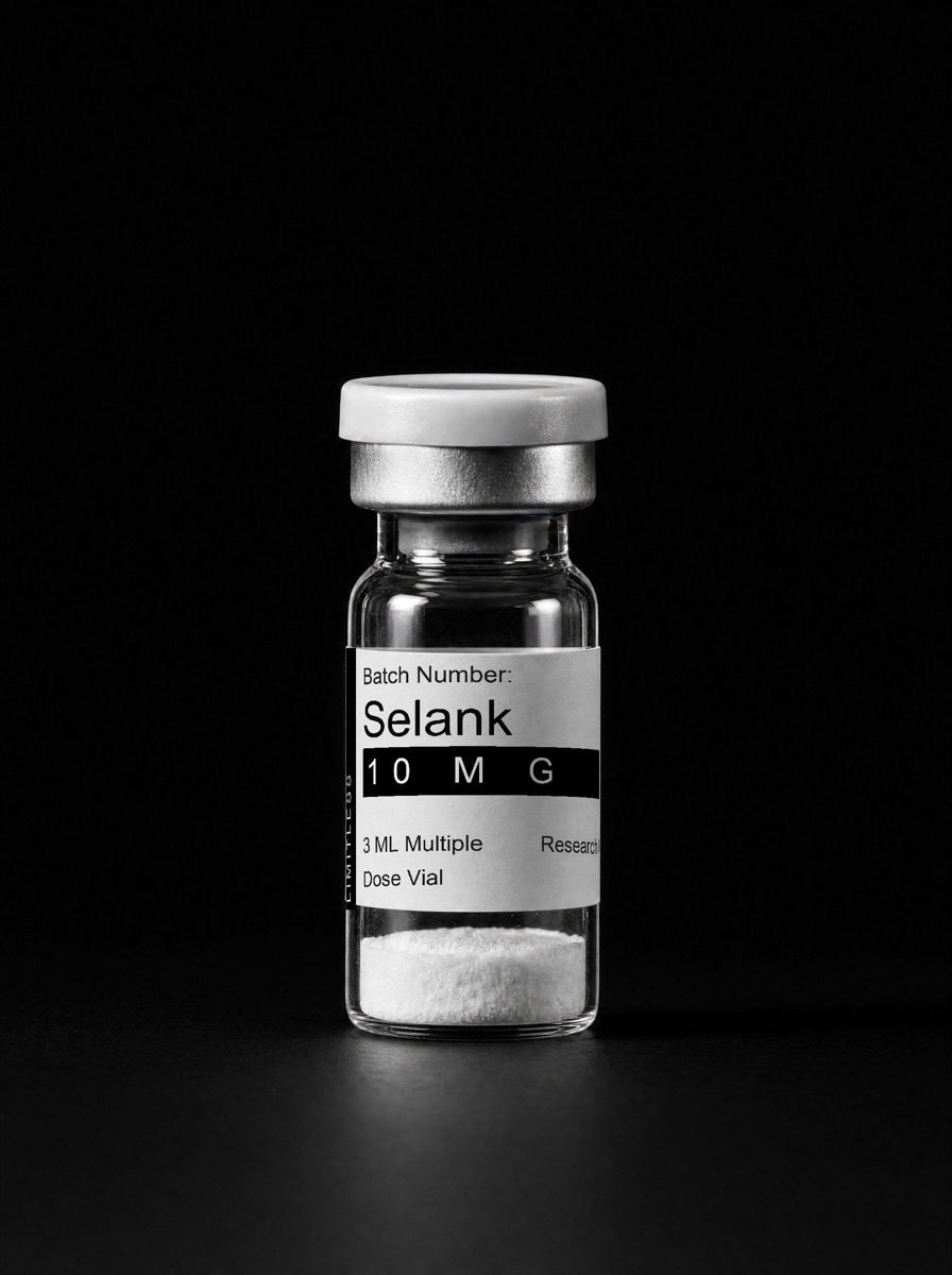 Vial de Selank 10 mg sobre fondo de estudio negro, con la etiqueta LIMITLESS